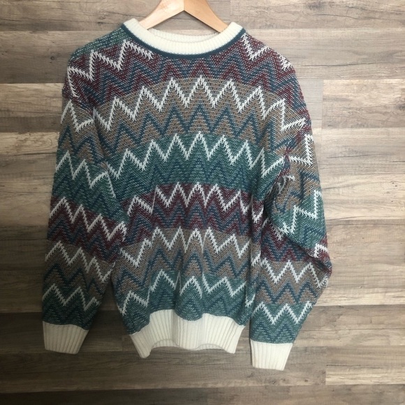 Vintage Chevron Geometric Aztec Southwestern Crewneck Knit Sweater Medium - Picture 2 of 9